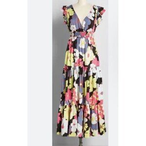 ModCloth Honolulu floral black ruffle cap sleeve tiered maxi dress Size XS NEW